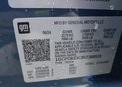 2024 Chevrolet Silverado 1500 4Wd Short Bed Lt With 2Fl z USA, uszkodzony, nr VIN 1GCPDKEK3RZ368531